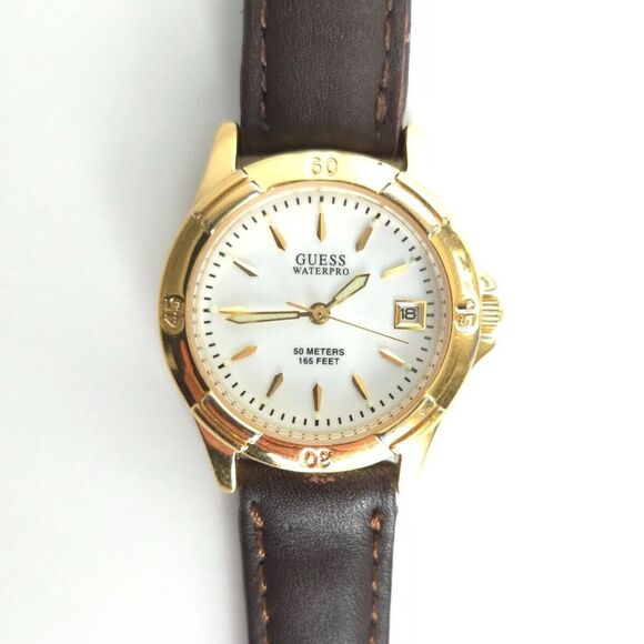 Vintage 90s Women's Guess Waterpro Quartz 50m WR Analog 30mm Round Leather Watch - Picture 1 of 11